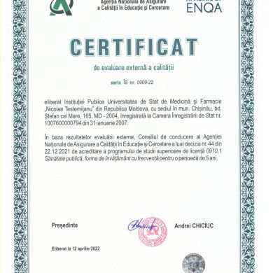 Certificat de acreditare a programului de studii superioare de licență Sănătate publică, 12 aprilie 2022 (valabil pe o perioadă de 5 ani)